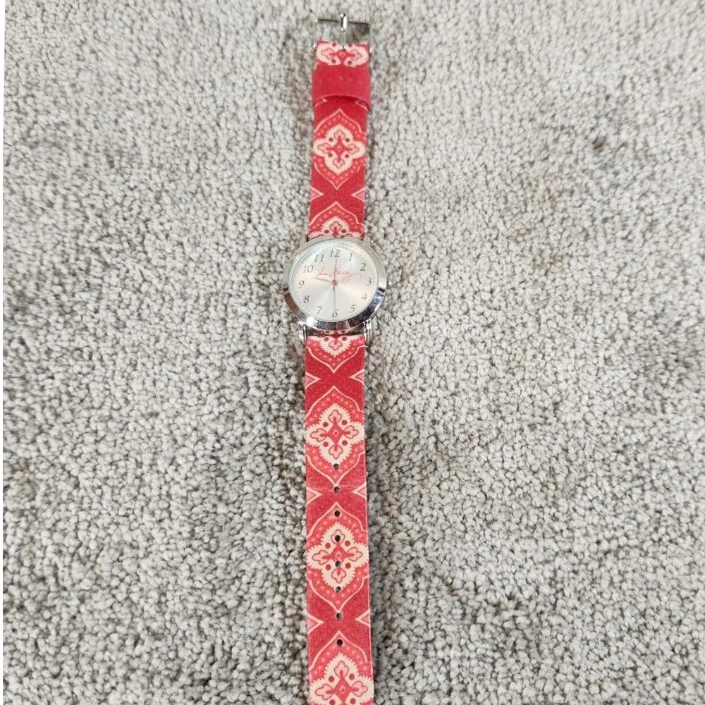 Vera Bradley Watch‎ Red White Patterned Strap Silver Tone Bezel Womens